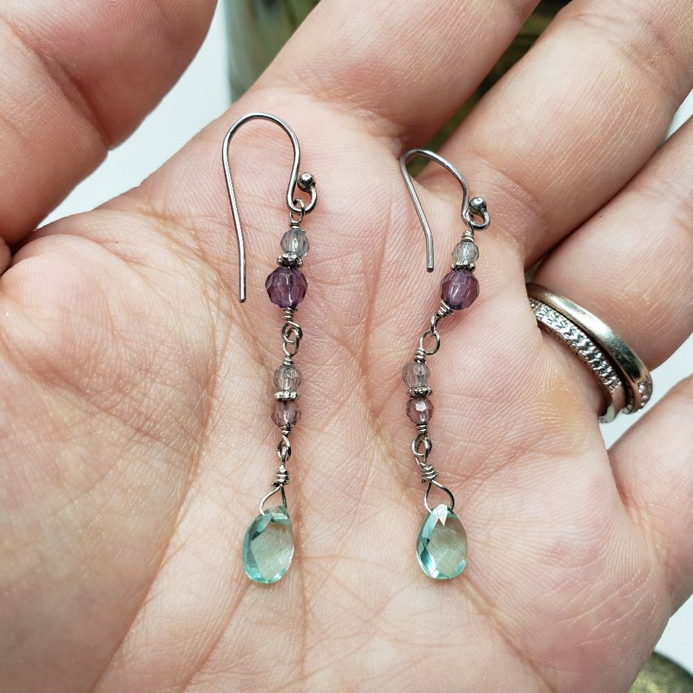 Silver Beaded Drop Earrings Clear‎ Aqua